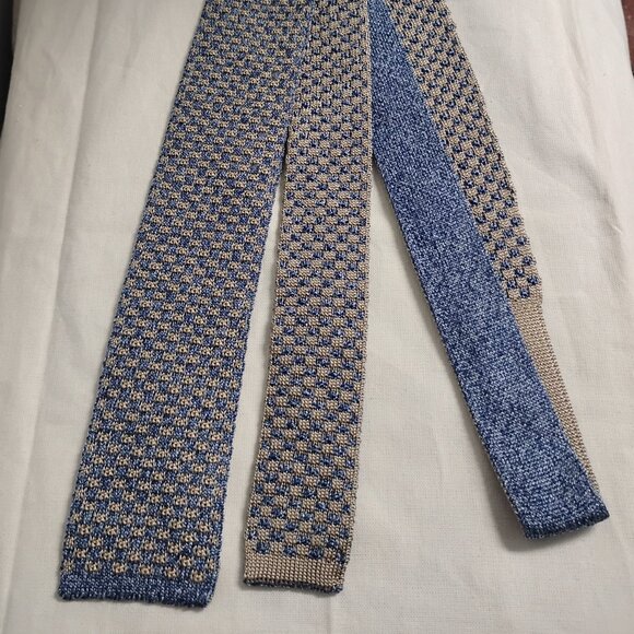 ❤️Men's ALTEA MILANO Grenadine Blue & Tan Square Skinny Tie Necktie Italy - Picture 3 of 9